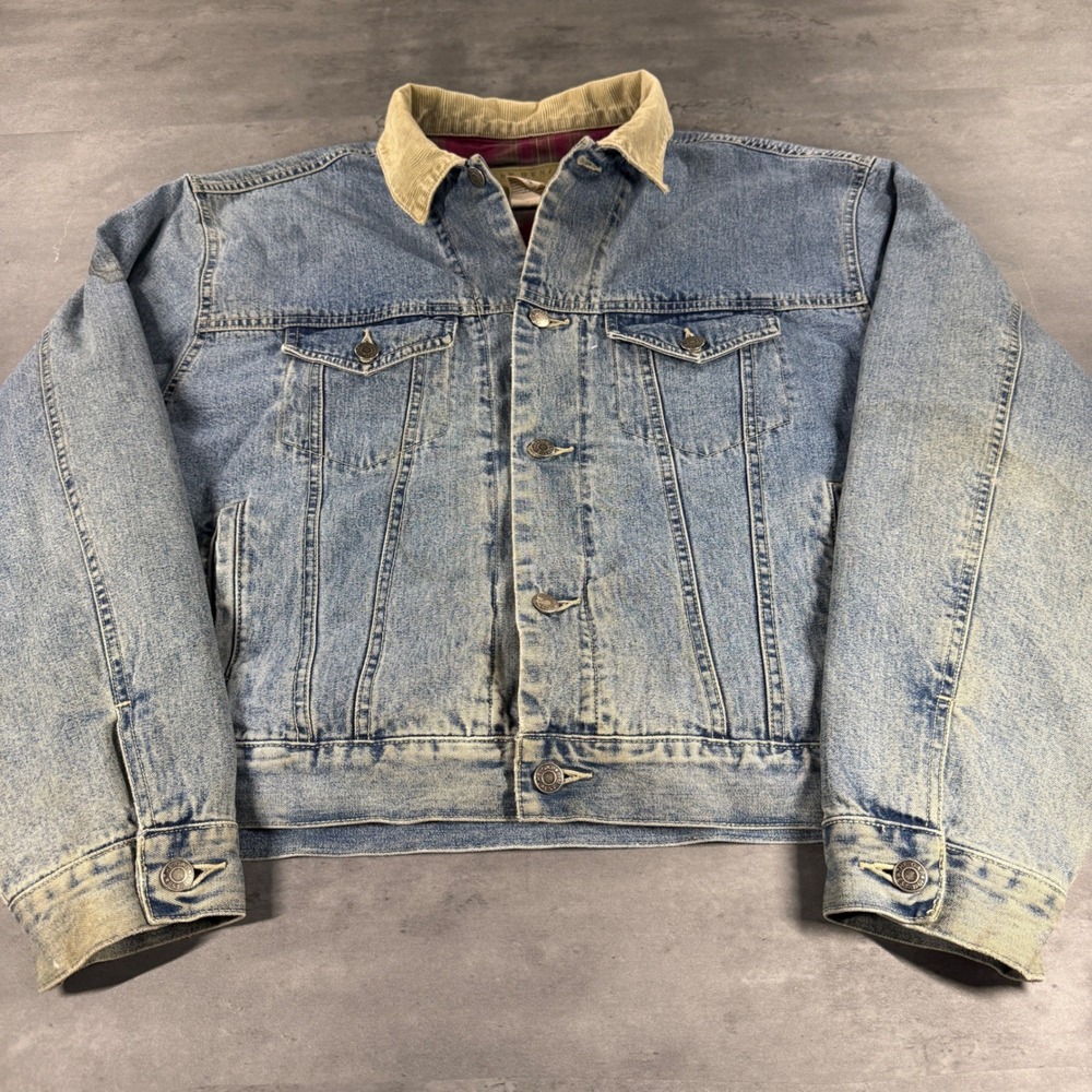 Vintage 90s Gap Denim Trucker Jacket Mens XL Blue Flannel Lined Corduroy Collar‎